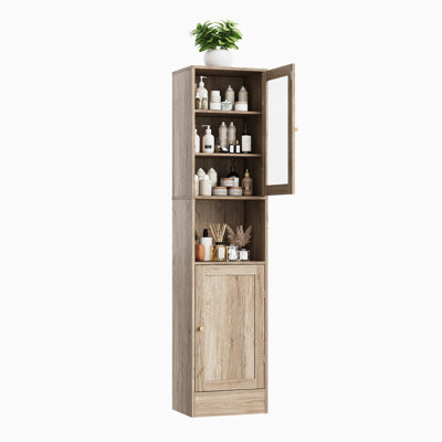  Armoire de rangement de 67 po de hauteur pour salle de bain, armoire autoportante étroite avec portes et tablettes réglables, bois d'ingénierie, grain de bois gris