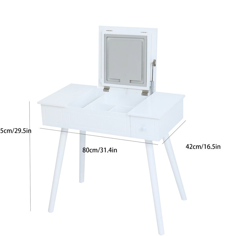 Table de coiffeuse crème avec DEL et rangement pour bureau de parfums, miroir éclairé en bois blanc laiteux, salle de bain de maquillage, 3 réglages d'éclairage, fabrication