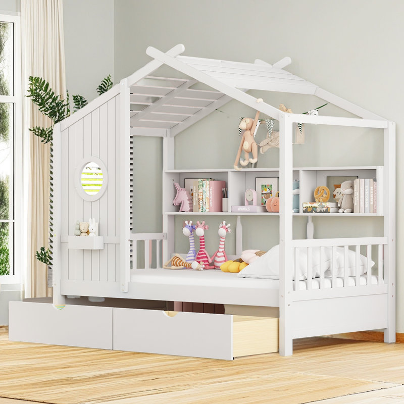 Lit en bois avec 2 tiroirs, lit pour enfant avec tablette de rangement, Lit simple, Blanc