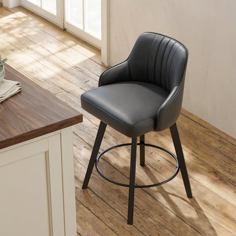 Modern Swivel PU Leather Thick Padded Cushion Bar Stool with Wood Legs, Black, 1