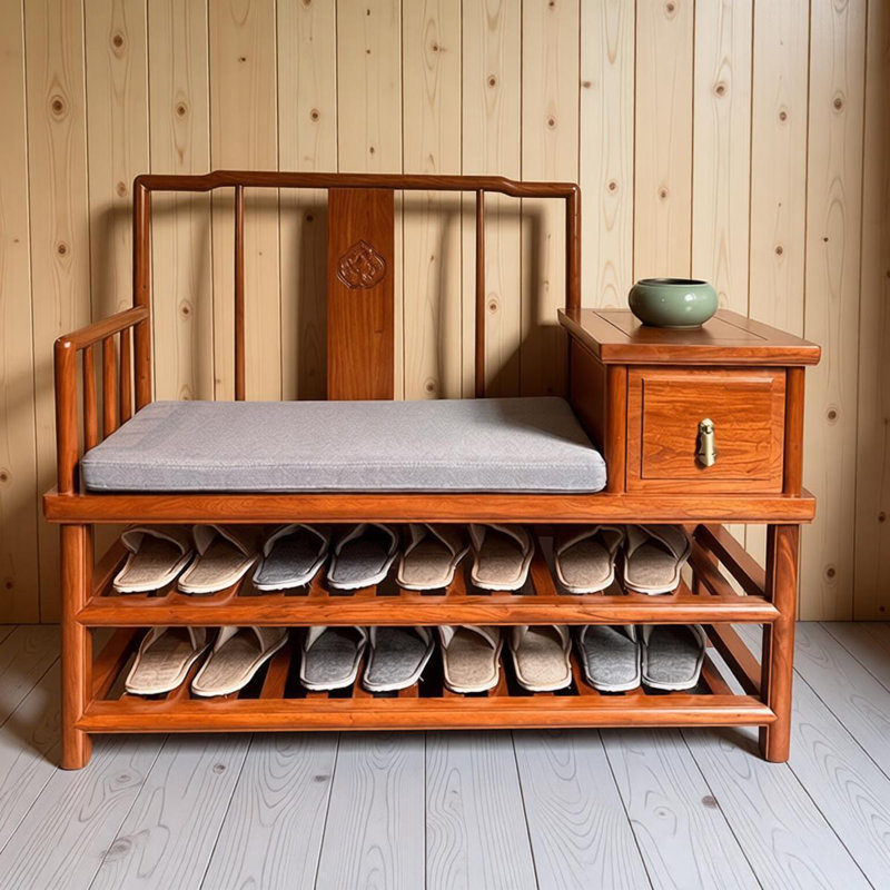Brown Solid Wood Double-layer Shelf Entryway Bench