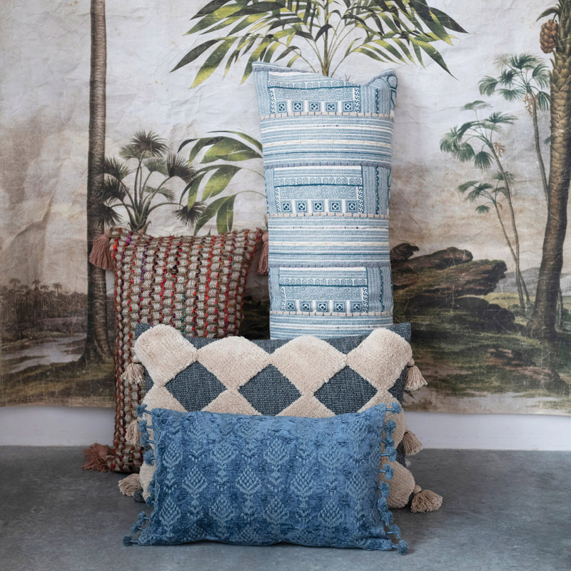 Oversized Blue and Beige Cotton Embroidered Lumbar Pillow