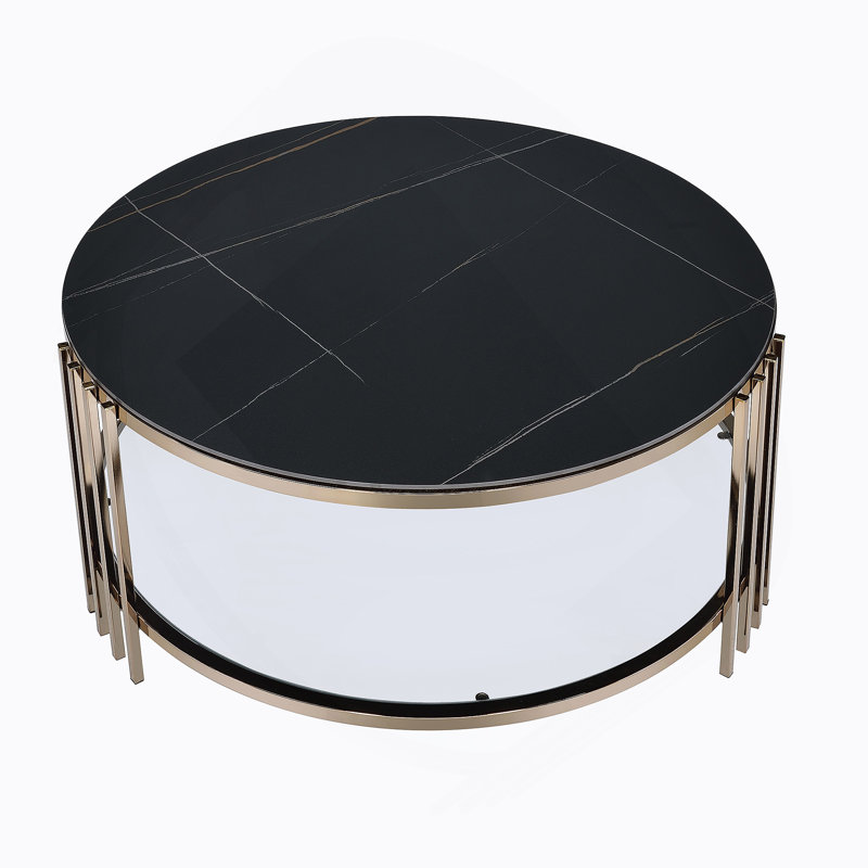 Table basse ronde en fritté avec plateau en pierre et champagne