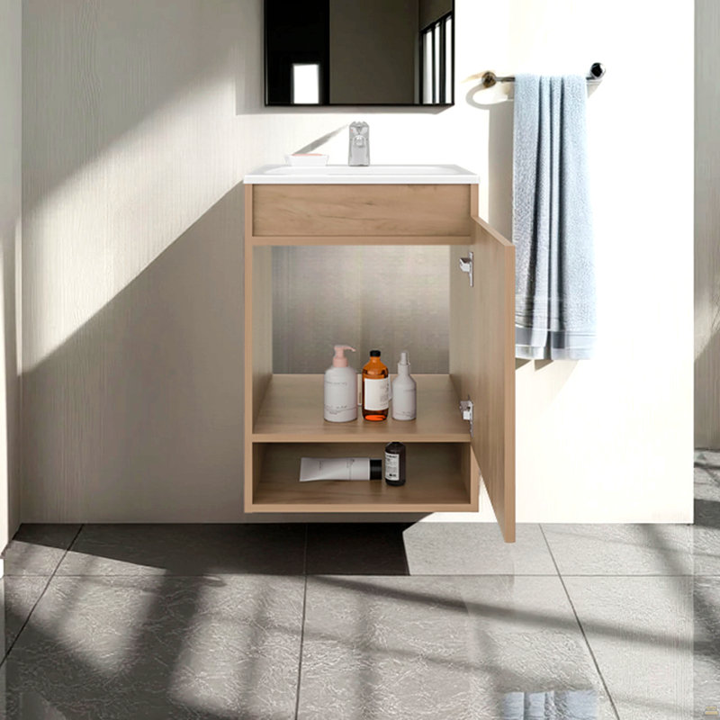 Meuble-lavabo mural flottant Nissi avec armoire à une porte et lavabo en résine compact