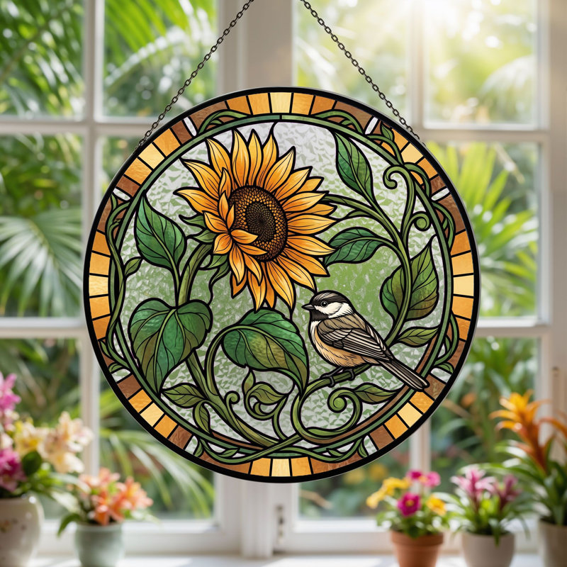 Panneau de vitrail Sunflower Bird, 7.8"H