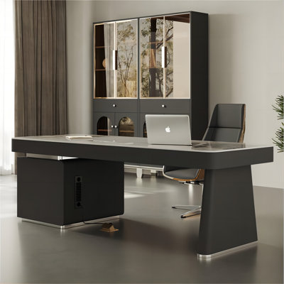 Bureau 55,12 po rectangulaire en pierre frittée noire, 5 tiroirs