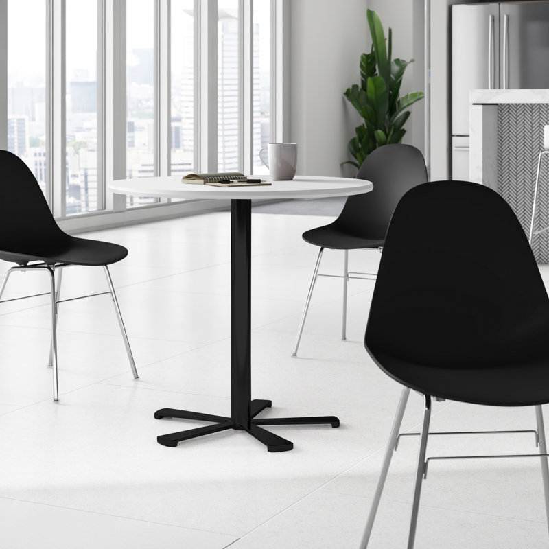 Slivno Round Breakroom Table, White Lacquer, Black, 29.5" H x 43.5" L x 43.5" W