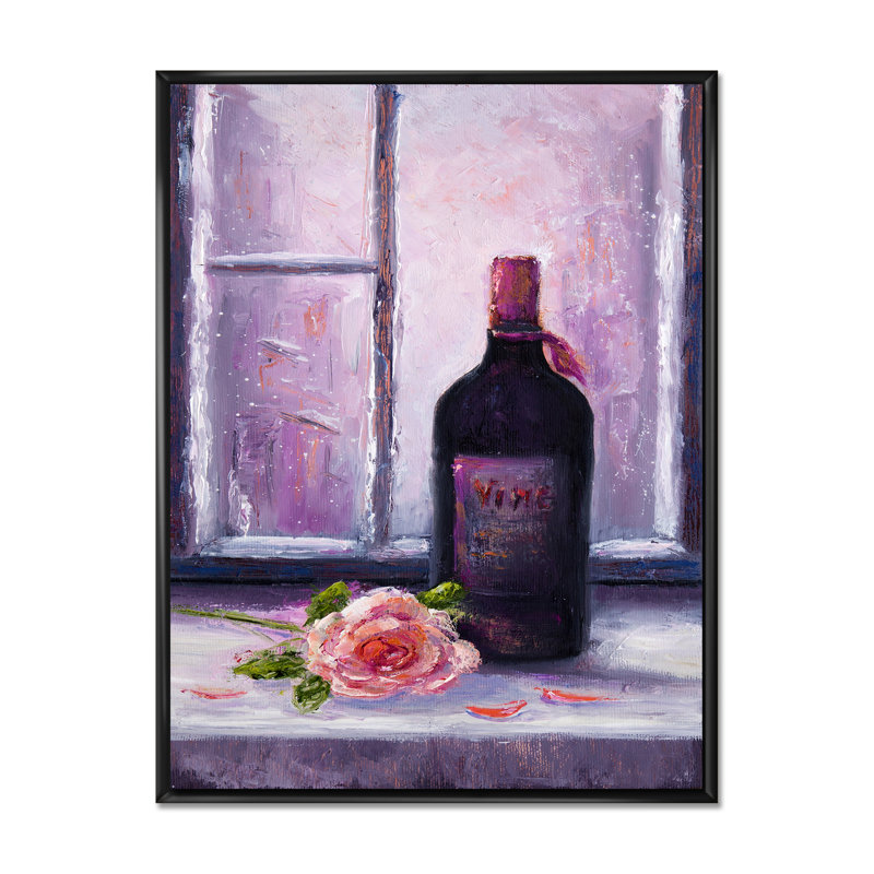 «Red Wine Bottle», peinture sur toile, H 20 po x l 12 po x P 1 po, Cadre flottant noir
