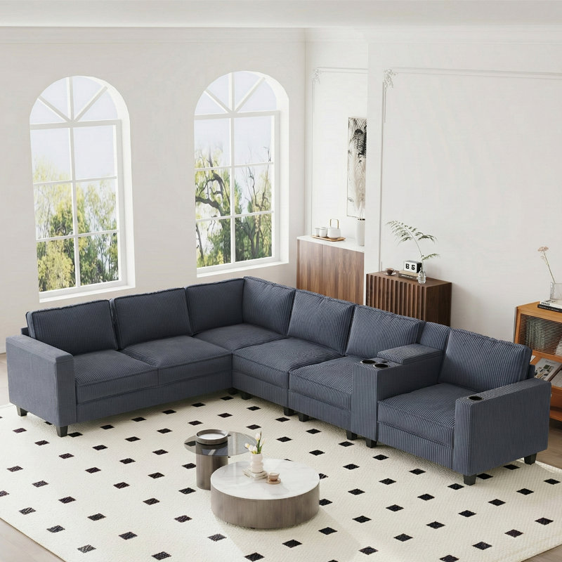 133" L-Shaped 6-Seater Corduroy Sectional Sofa with Storage Armrests, Center Console & USB Charging, Gray Corduroy
