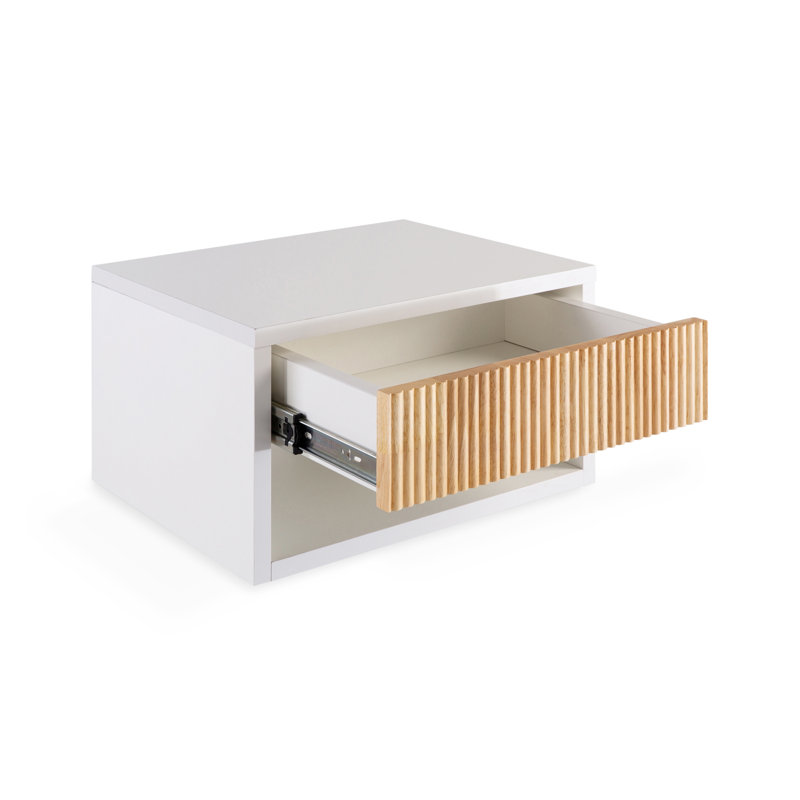 Leda  15.71" Classic Contemporary Floating Wall Mounted Nightstand with Soft-Close Tambour Drawer, White/Light Oak