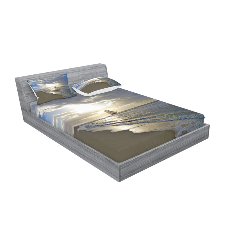 Drap-housse et coussin décoratif Ambesonne Beach, bleu beige blanc, Ensemble de draps pour très grand lit californien