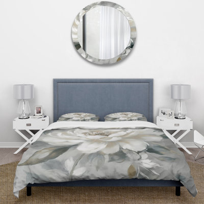 White Grey Peony Blooms In Motion I BeddingMicrofiber / Polyester Duvet Cover Set