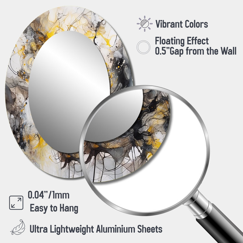 Yellow Grey Marble Symphony II - Large Oval Wall Mirror On Metal, 40" x 30"