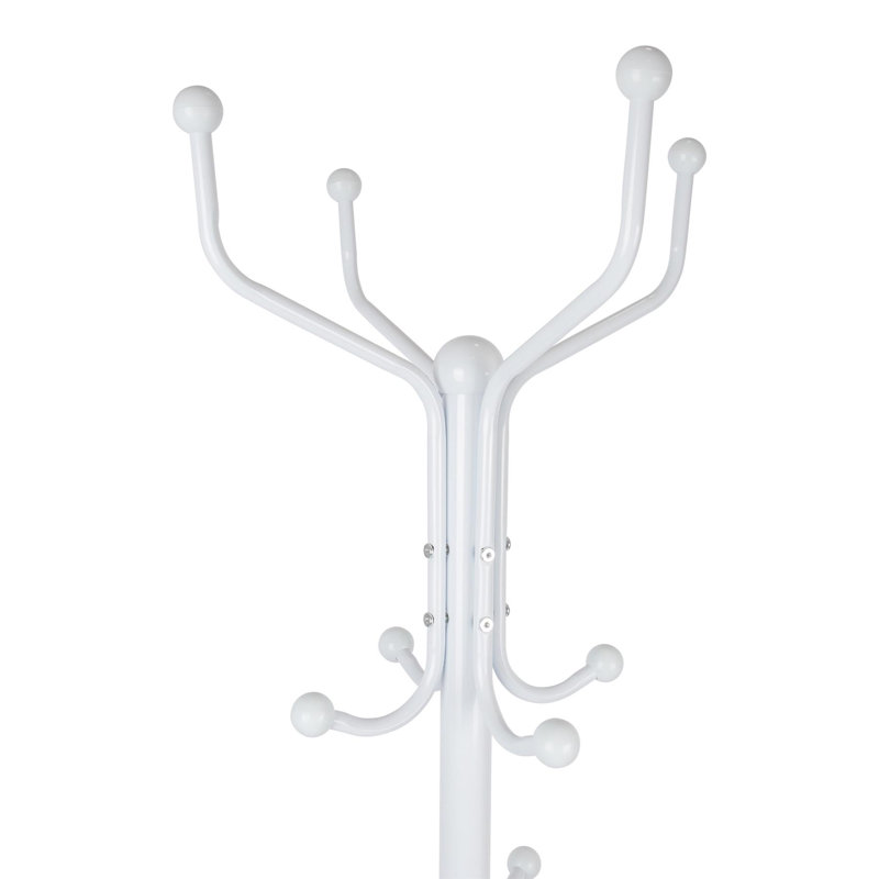 Free Standing Steel Coat Rack - Tubular Tree Stand with Multiple Hanging Hooks, White