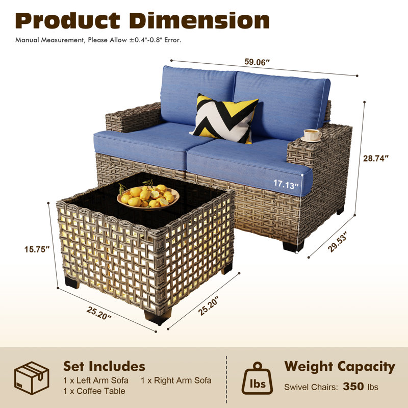 Modern Outdoor Wicker Patio Sofa Set With Solar-Lit Coffee Table, Modular Seating & Wide Armrests For Backyard, Patio Or Garden