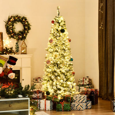 6Ft Pre-Lit Snow-Flocked Slim Douglas Fir Artificial Christmas Tree With Realistic Branches, 250 LED Lights And 462 Tips