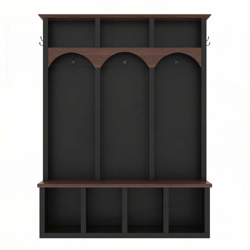 Arched Design Wooden Hall Tree with Storage Bench with 5 Black Hooks, Black