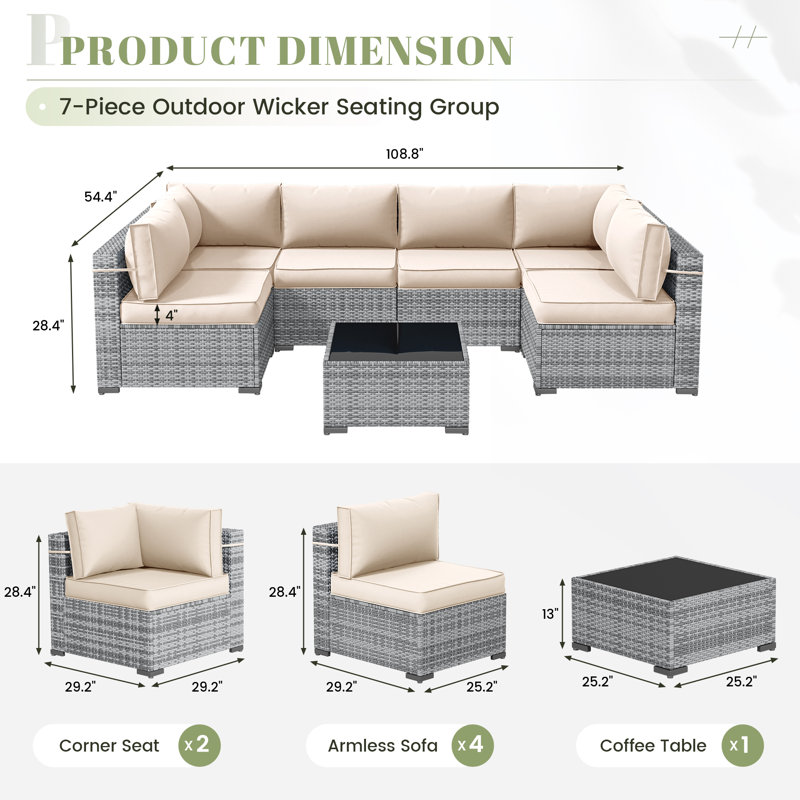 Cawanna 7-Piece Outdoor Rattan Seating Group with Cushions, Cream, No