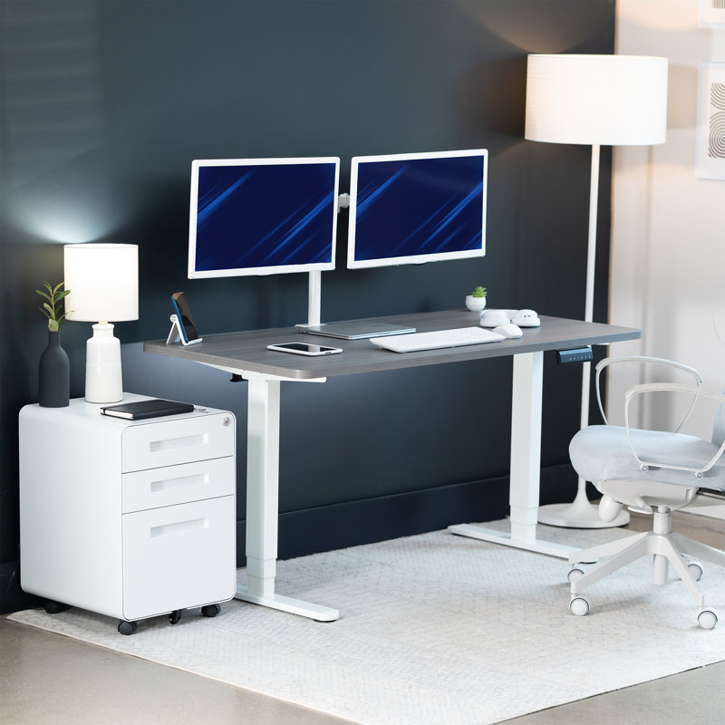 Bureau debout électrique 55 po x 28 po VIVO, plateau de table gris foncé, structure blanche, Blanc, Gris foncé