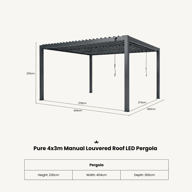 PURE 4x3m Manual Louvered Roof LED Pergola, 230cm H x 404cm W x 300cm D