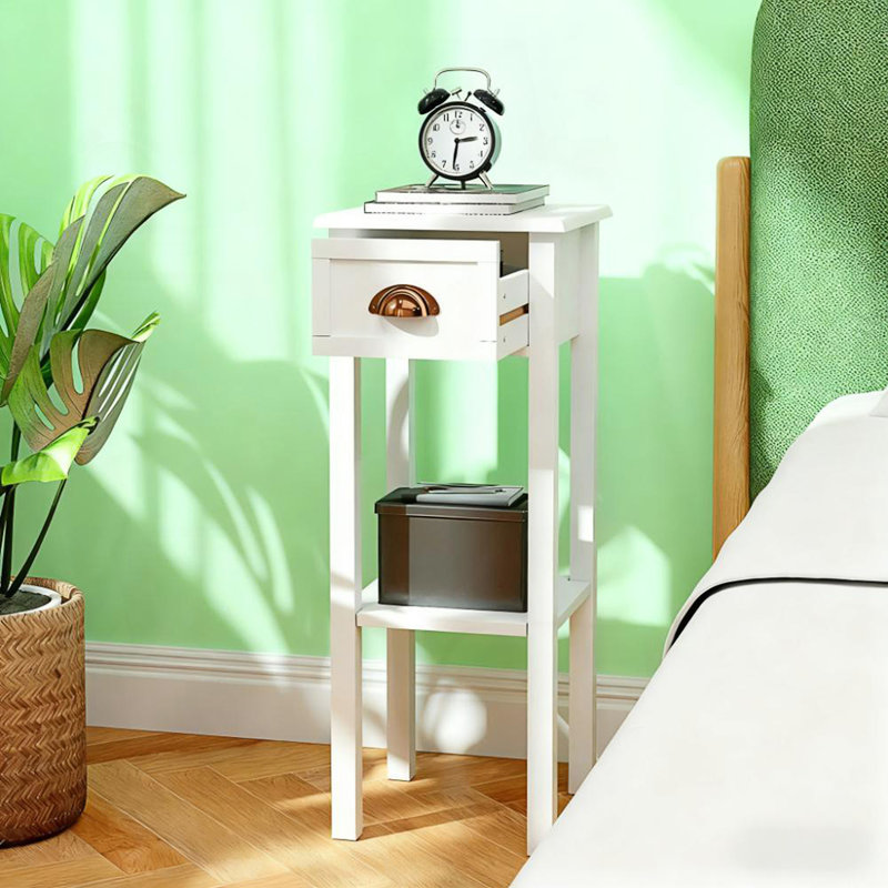 2-Tier Side Tables Set End Tables With Drawer And Shelf, White, 29.5" H x 11.75" W x 11.75" D, 2
