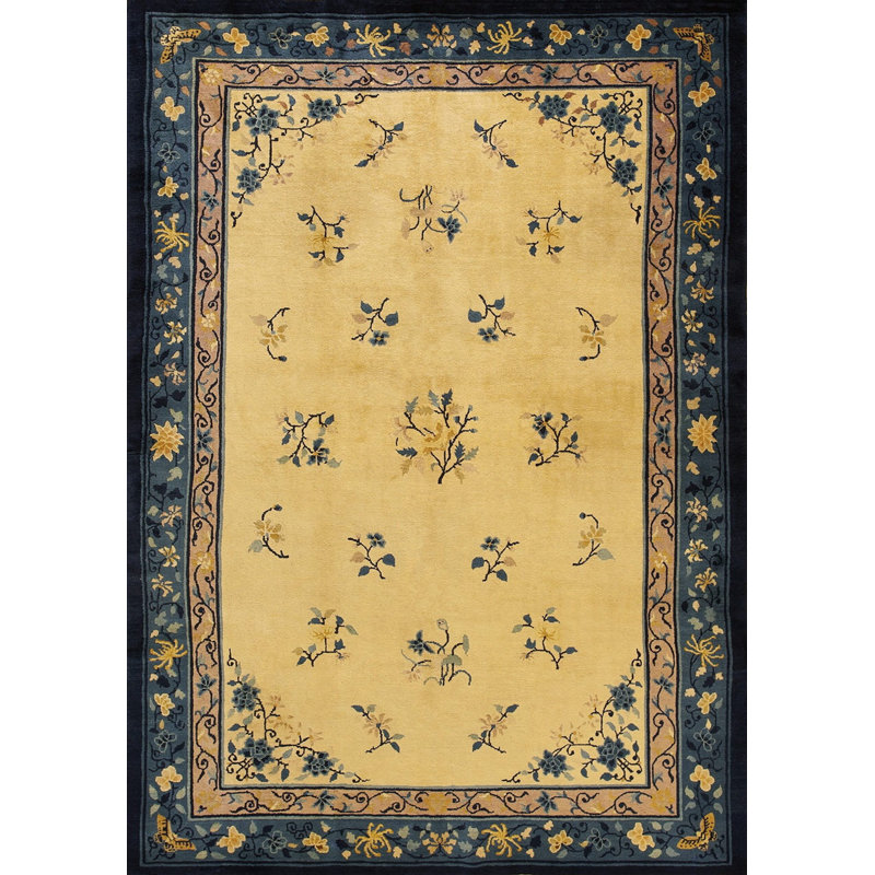 Antique Wool Blue Ivory Beige Cream White Hand Knotted Pile Rug