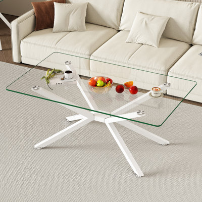 Table basse de 38,58 po en verre transparent avec pieds en métal blanc, polyvalente pour plusieurs espaces, et rectangulaire facile à assembler pour un attrait de bureau, peu d'entretien