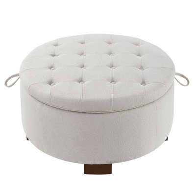 Round Storage Ottoman With Reversible Lid, Boucle Fabric Footstool With Hidden Storage & Wooden Legs, Multi-functional Seat And Side Table For Living Room, Bedroom