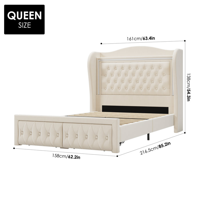 Kaliya Velvet Upholstered Wingback Platform Bed with LED Lights, Wood Bed Frame With 2 Storage Drawers, Queen, Cream