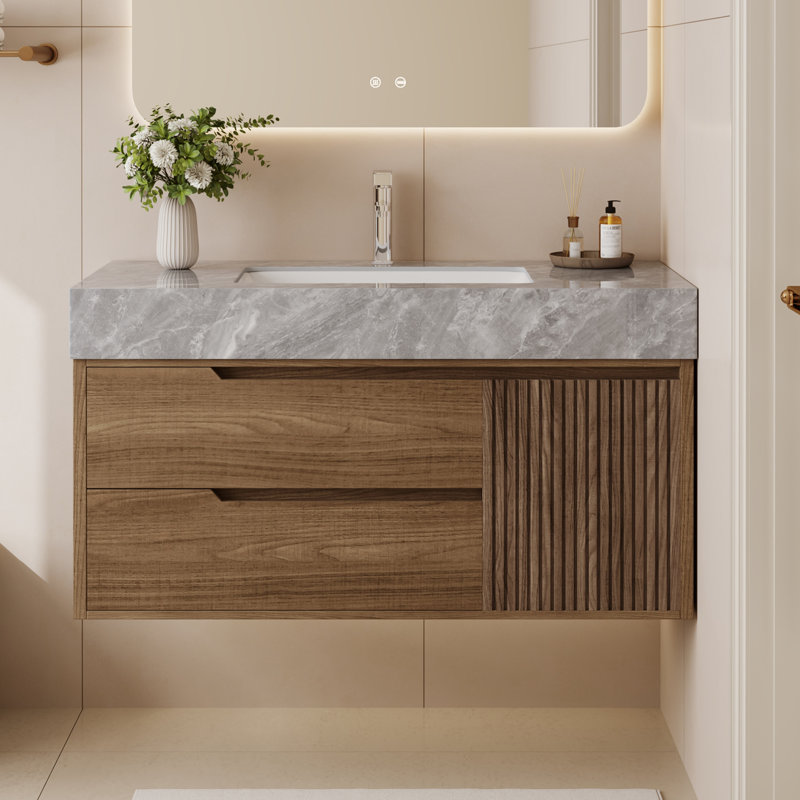 Meuble-lavabo moderne en marbre gris 36 po, finition noyer, 2 tiroirs et 1 porte