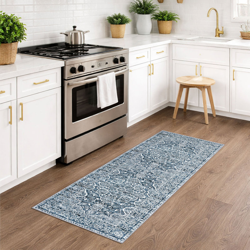  Tapis lavables à la machine avec envers en caoutchouc pour le salon, Blue/White, Tapis de couloir 2 pi x 5 pi