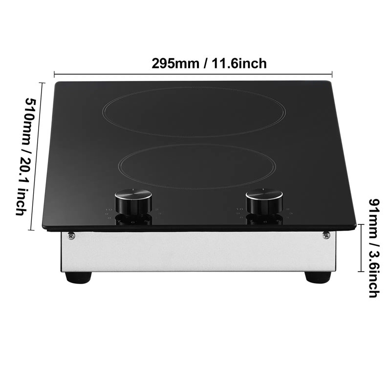 Plaque de cuisson électrique, 12 po, 2 brûleurs, surface de cuisson radiante en céramique 3000 W, commande à bouton, 11 niveaux de chaleur, 220 à 240 V, fil dur