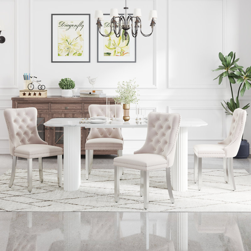 Ensemble de salle à manger rectangulaire en bois avec chaise capitonnée, 5, Beige