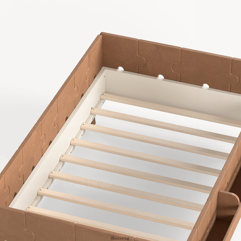 Lit Montessori double au sol avec barrières de sécurité complètes, étagères et design en blocs de construction, beige et naturel foncé, sans sommier nécessaire