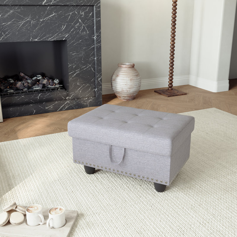 Yeni 28.5" Wide Upholstered Storage Ottoman, Gray Fabric