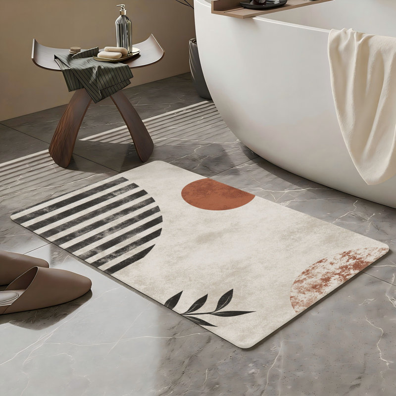 Beige Boho Abstract Bath Rug, 20 X 32 Inches, For Bathroom, Bedroom