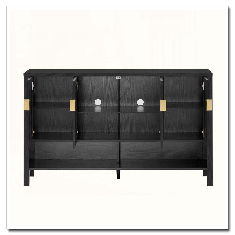 Buffet de rangement 55,1 po avec 4 portes, tablette ouverte, tablettes réglables et crochets doubles, Noir
