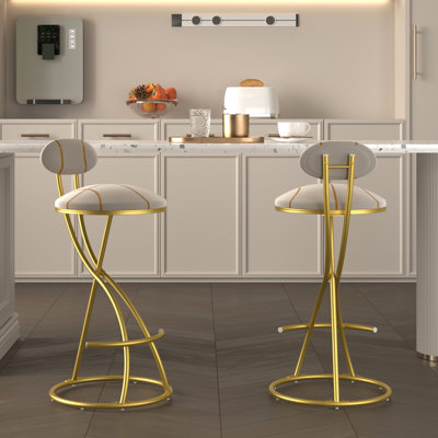 Tabouret de bar Kellum en velours de 2 avec rayure en forme de S, repose-pieds et base pour bar avec structure moderne en métal doré, pub confortable et à installation rapide
