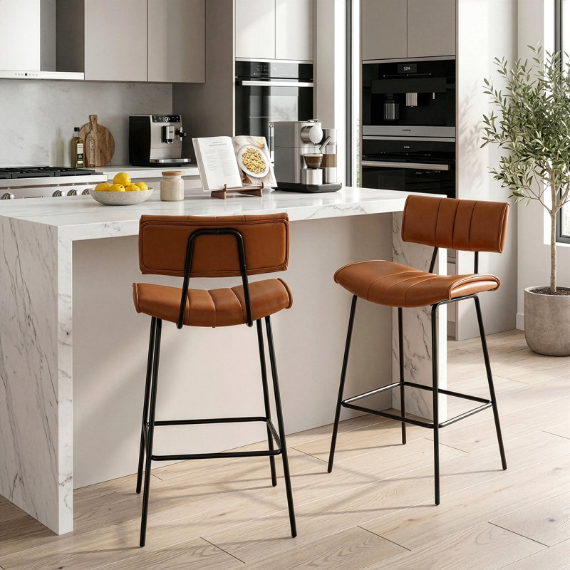 Set of 2 Palgrave Bar Stool with Black Metal Legs, Counter Stool (25.60" Seat Height), Brown