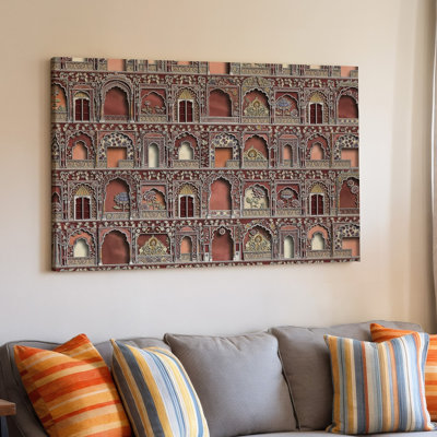 Canvas Create A Richly Textured Fabric Design Featuring A Collage Of Wall Art Intricate Indian Architectural Motifs Including Arched Canvas Wall Art