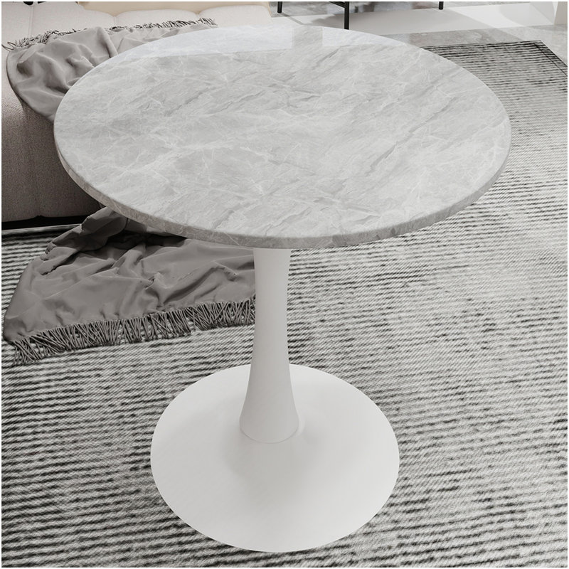 Marble-Top Round Side Table With Tapered Pedestal Base, Ideal For Living Room, Modern Minimalist Design, White, Gray