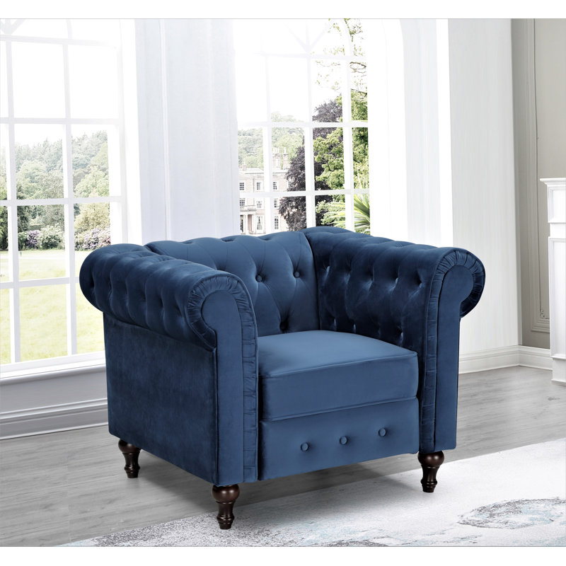 Fauteuil Chesterfield de 39,76 po Sheilds, Velours bleu foncé