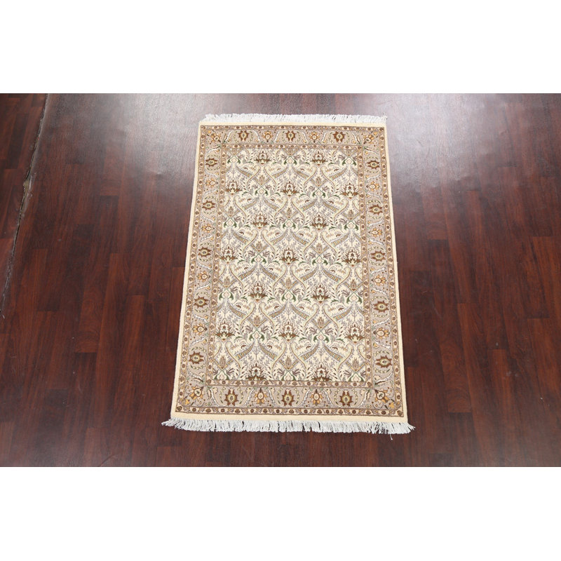 Tapis beige / ivoire noué à la main de conception unique 4 pi 1 po x 6 pi 3 po New Age