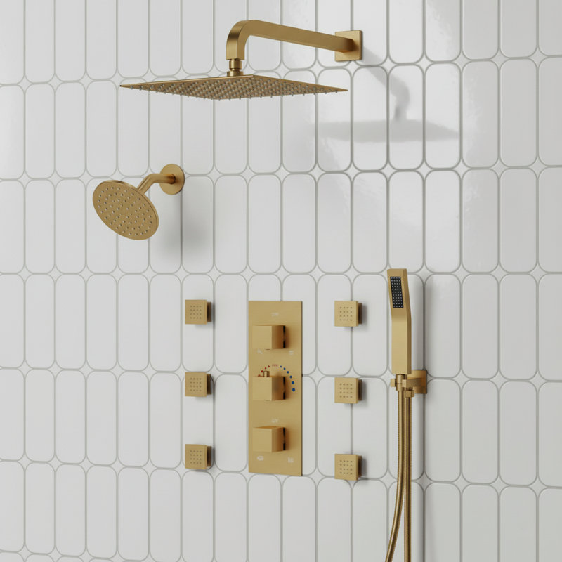 Thermostatic Dual Showerheads System, Wall Mount 12" High-Pressure Rainfall Shower Faucet with Handheld Spray and Body Jet