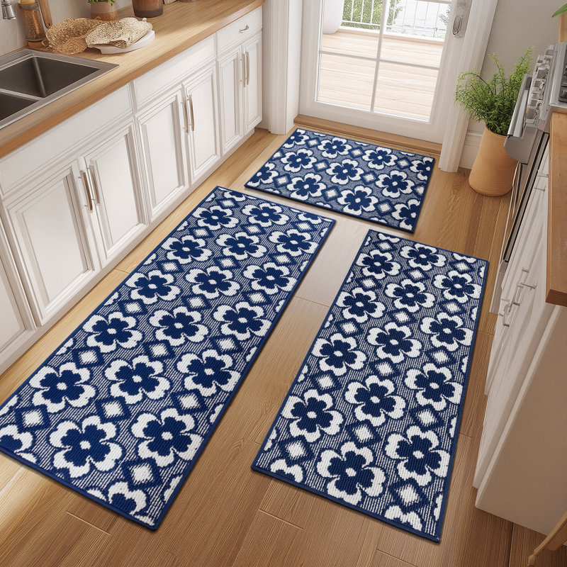 Tapis de couloir antidérapant et lavable (ensemble de 3), Bleu