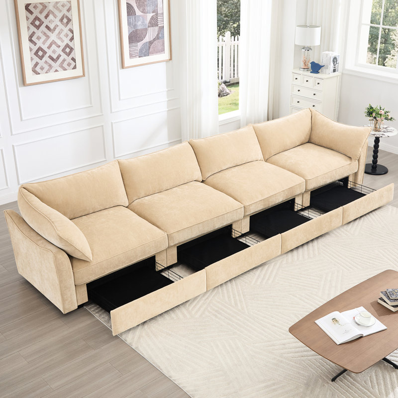 4, couleur blé, tissu chenille, tiroirs cachés, en forme de croissant, coussins enveloppants, rangement confortable, maison douillette