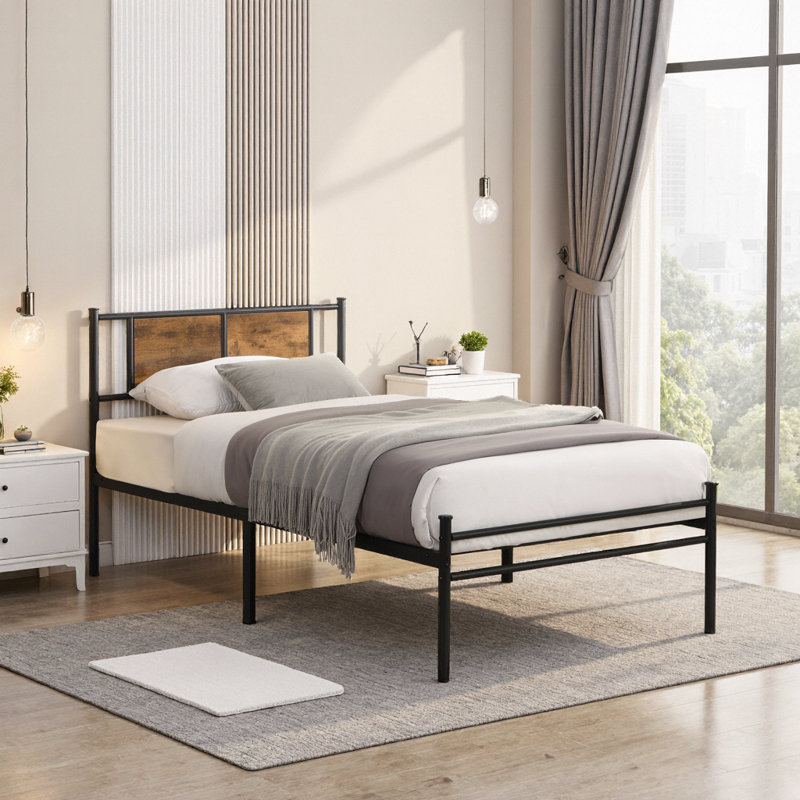 Structure de lit simple TG en métal avec tête de lit décorative en bois - noir - sommier, rangement sous le lit, aucun sommier nécessaire