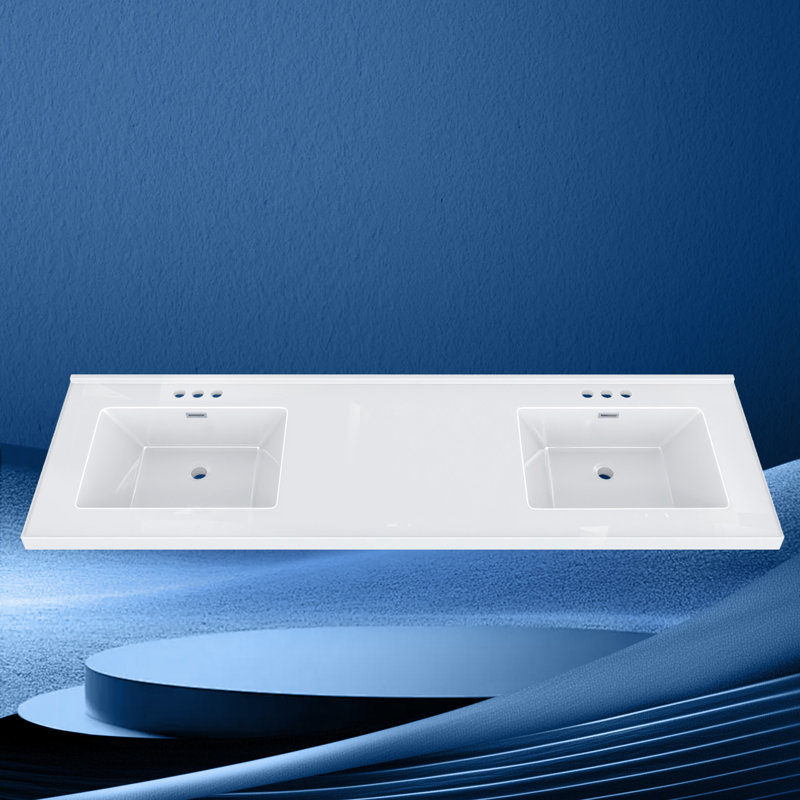 72 In. W X 22 In. D Solid Surface White Rectangular Double Sink Vanity Top With Backsplash Basin Bathroom Countertop