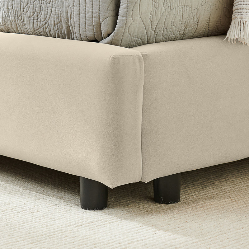 Lit capitonné en velours avec dossier et accoudoirs Brooks, Beige