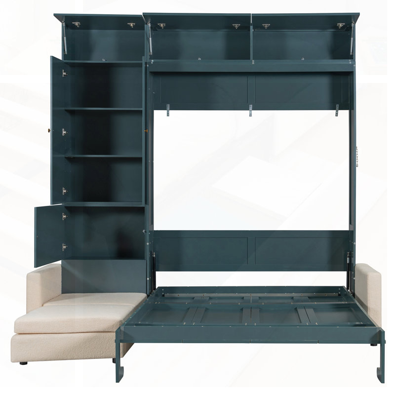 Grand lit escamotable avec canapé et tablettes, conception peu encombrante pour une vie compacte et un confort quotidien